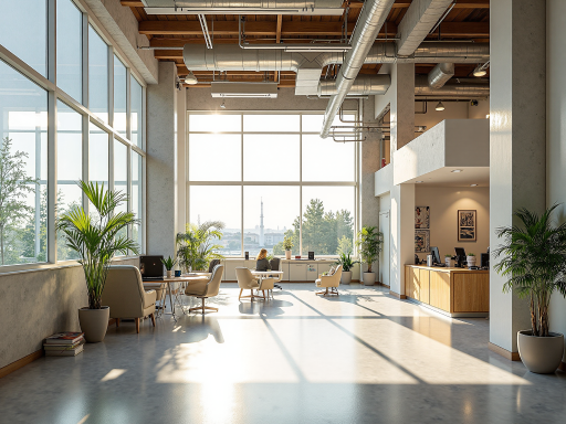 现代办公环境，明亮宽敞的办公室，书架整齐排列，员工在认真工作，绿色植物点缀其间，营造温馨舒适的工作氛围